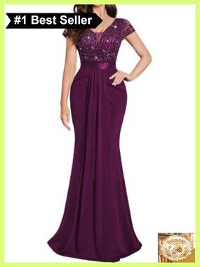 Lace Sequin Pleated V-Neck Formal Evening Maxi Dress